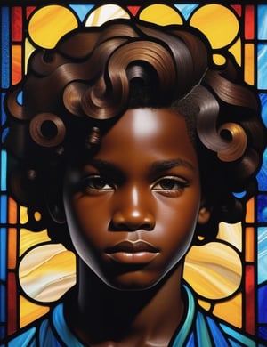 Create a stunning stained glass window artwork featuring a 12-year-old boy from Angola. Pay meticulous attention to detail, capturing the deep, dark black skin tone and the tightly coiled, dry, and short hair. The composition should be a close-up of his face, highlighting the unique features of his complexion and the distinct curls of his hair. Use the stained glass medium to convey the subtleties of his expression, ensuring a lifelike and expressive representation.

