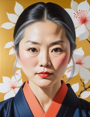 Create a mesmerizing gouache painting on canvas with a brush, portraying a 50-year-old Japanese woman whose skin still exudes youthfulness. She has fair skin, long straight blonde hair, and a close-up of her face. Intricately capture details using the gouache medium on canvas. Draw inspiration from the gouache paintings of Yoshitomo Nara, the gouache portraits of Komako Sakai, and the canvas gouache technique of Pauline Bewick. Craft a superior gouache artwork that seamlessly blends these influences into an outstanding portrayal.

