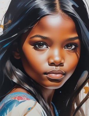 Create a captivating gouache painting on canvas with a brush, portraying a 10-year-old Namibian girl whose skin still radiates youthfulness. She has fair skin, long straight black hair, and a close-up of her face. Intricately capture details using the gouache medium on canvas. Draw inspiration from the gouache paintings of Clare Celeste Börsch, the gouache portraits of Minjae Lee, and the canvas gouache technique of Jodi Maas. Craft a superior gouache artwork that seamlessly blends these influences into an outstanding portrayal.

