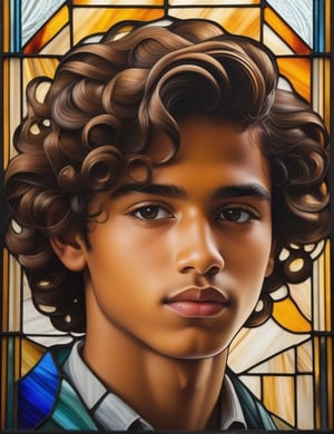 Create a captivating stained glass window artwork featuring a 16-year-old boy from Algeria. Pay meticulous attention to detail, capturing the caramel-toned skin and tightly curled, coiled hair. The composition should be a close-up of his face, highlighting the unique features of his complexion and the distinct curls of his hair. Use the stained glass medium to convey the subtleties of his expression, ensuring a lifelike and expressive representation.

