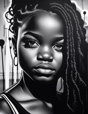 Create a stunning black and white graffiti artwork on a wall, portraying a 15-year-old girl from South Africa with dark skin and short, tightly curled hair, with a close-up of her face. Intricately capture details using the black and white graffiti style on the wall. Draw inspiration from the wall art of Faith47, the graffiti works of DALeast, and the wall graffiti technique of Karabo Poppy. Craft a superior graffiti artwork that seamlessly blends these influences into an outstanding portrayal.

