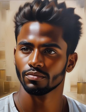 Create a captivating oil painting on canvas, portraying a 30-year-old man from Argentina with dark skin, spiky and well-groomed hair, with a close-up of his face. Intricately capture details using the oil medium on canvas. Draw inspiration from the oil portraits of Antonio Berni, the oil paintings of Xul Solar, and the oil on canvas technique of Guillermo Roux. Craft a superior oil painting that seamlessly blends these influences into an outstanding portrayal.

