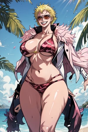 1girl, doflamingo, boa_coat, action_pose, string, smile, sunglasses, teeth , blond hair, wide, colossal, enormous, gigantic, thick, magnum, voluminous tits , short hair, Pink feather coat,NamiOP