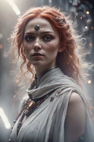 beautiful angelic face, many freckles, storm of red hair, shallow depth of field, space, goblin, star wars, cyborg style, cyborg, steampunk style
