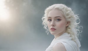 best quality, 4k, 8k, highres, ultra-detailed, blond woman with a white dress and a white scarf in a plain background, incredibly ethereal, ethereal hair, flowing hair, windy hair, grey blue eyes, ethereal beauty, very ethereal, pale skin curly blond hair, a stunning young ethereal figure, pale complexion, soft portrait shot 8 k, a still of an ethereal, pale woman, soft ethereal lighting, porcelain pale skin, portrait of albino mystic, ethereal soft and fuzzy glow, epic composition Unreal Engine, cinematics, color grading, portrait photography, ultra-wide angle, depth of field, hyper detailed