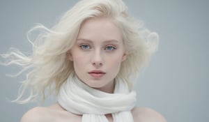 best quality, 4k, 8k, highres, ultra-detailed, blond woman with a white dress and a white scarf in a plain background, incredibly ethereal, ethereal hair, flowing hair, windy hair, grey blue eyes, ethereal beauty, very ethereal, pale skin curly blond hair, a stunning young ethereal figure, pale complexion, soft portrait shot 8 k, a still of an ethereal, pale woman, soft ethereal lighting, porcelain pale skin, portrait of albino mystic, ethereal soft and fuzzy glow, epic composition Unreal Engine, cinematics, color grading, portrait photography, ultra-wide angle, depth of field, hyper detailed
