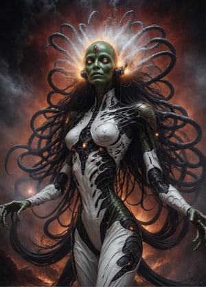 hyperrealistic photography, 8k, green alien, portrait of an extraterrestrial being, in the form of a beautiful woman, dancing in an ecstatic trance, green alien with an olive face, with beautiful huge glowing gray eyes, looking at the viewer, dark atmosphere, scene from a sains fiction movie, in background illuminated white smoke, very shallow depth of field, concept art, amazing atmosphere, art: Zdislav Beksinski and Wayne Barlowe and Hans Giger full body, slim, long fingers, four-fingered hands, precise details, piercing gaze, detailed skin, perfect colors, character, realistic, high definition, detailed, intricate details, indirect lighting, cinematic retro lighting, expression, mystery, fantasy, space, cyborg style