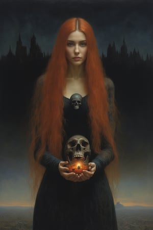 Painting in the style of Zdzislaw Beksinski, Greg Rutkowski. a masterpiece, a hyper-realistic oil painting, vivid colors, a woman with half a skull and half a human face.
