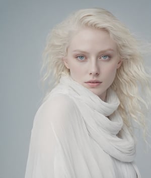 best quality, 4k, 8k, highres, ultra-detailed, blond woman with a white dress and a white scarf in a plain background, incredibly ethereal, ethereal hair, flowing hair, windy hair, grey blue eyes, ethereal beauty, very ethereal, pale skin curly blond hair, a stunning young ethereal figure, pale complexion, soft portrait shot 8 k, a still of an ethereal, pale woman, soft ethereal lighting, porcelain pale skin, portrait of albino mystic, ethereal soft and fuzzy glow, epic composition Unreal Engine, cinematics, color grading, portrait photography, ultra-wide angle, depth of field, hyper detailed