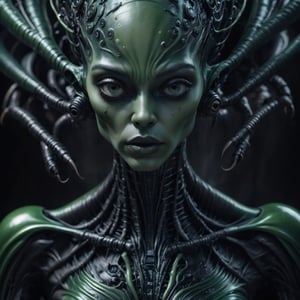 hyper realistic photography, 8k, green alien, very thin lips (big black eyes), full body, slim, long fingers, four fingered hands, precise details, piercing gaze, detailed skin, perfect colors, character, realistic, high resolution, detailed, intricate details, indirect lighting, cinematographic retro lighting, expression, mystery, fantasy, space,cyborg style