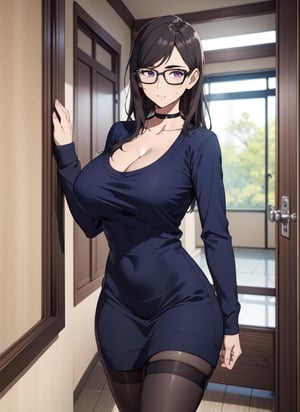 woman leaning against a door frame (black choker) (short gray dress) (navy blue sweater) dark brown stockings large breasts cleavage large thighs facing the viewer  (alone)