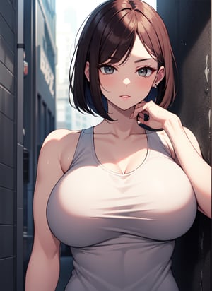 Women (tank top) short bob haircut (big breasts) background wall (alone) only upper body (facing the viewer),dcSorc