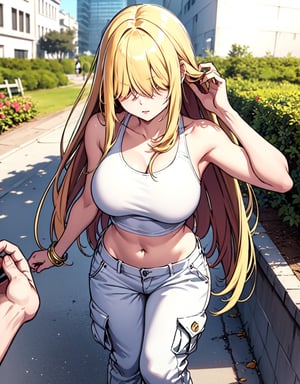 girl in the park (white cargo pants) (white tank top) big breasts facing viewer,Blonde,(Hair over eyes)(Egyptian style hair)very straight hair