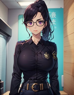 woman in a police station (police blouse) (police belt) police badge big breasts,slim waist, facing viewer, upper body only, ponytail hairstyle,alone.