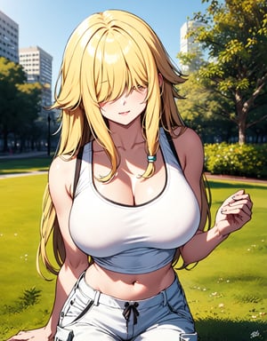 girl in the park (white cargo pants) (white tank top) big breasts facing viewer,Blonde,(Hair over eyes)(Egyptian style hair)