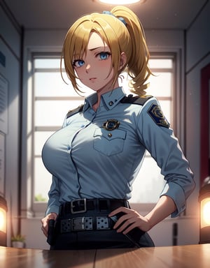 woman in a police station (light blue police blouse) (police belt) police badge big breasts,slim waist, facing viewer, upper body only, ponytail hairstyle,alone.