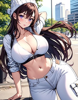 girl in the park (white cargo pants) (white tank top)(white denim jacket)(knitted hat) big breasts facing viewer long dark brown hair, light purple eyes,