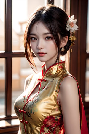 ((Fujifilm)), super bright scene, very bright backlighting, ((Depth of field )), solo, {beautiful and detailed eyes}, summer morning, girl in ancient goddess warrior custume, medium breasts, calm expression, natural and soft light, hair blown by the breeze, delicate facial features, cnc_cc, (red chinese traditional style dress), short_hair, beautiful_korera, eye_smile, (chinese tradition style royal  living room),