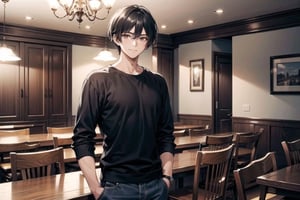 vibrant colors, masterpiece, sharp focus, best quality, depth of field, cinematic lighting, (illustration, 8k CG, extremely detailed), masterpiece, ultra-detailed, (solo),1 man around 30 years old looks cool, handsome, tall, short black hair, sharp brown eyes,casual wear, light smile,  standing,  background in dining room 