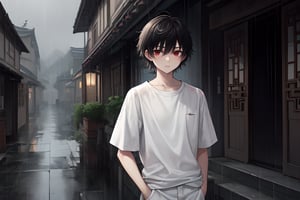 midjourney, masterpiece, best quality, best quality, Amazing, not tall, short, young man around 16 years, red eyes, skinny, (black shorthair), white shirt ,black pant ,stare, anime, midjourney, (((solo))),masterpiece, village in chinese style,day , heavy raining ,