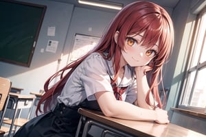 vibrant colors, masterpiece, sharp focus, best quality, depth of field, cinematic lighting, (illustration, 8k CG, extremely detailed), masterpiece, ultra-detailed, (solo),1 girl around 18 years old , tall, long hair, red hair, orange eyes,dress in highschool  ,light smile,  sitting on a chair, background in classroom with desk 