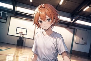 vibrant colors, masterpiece, sharp focus, best quality, depth of field, cinematic lighting, (illustration, 8k CG, extremely detailed), masterpiece, ultra-detailed, (solo),1 man around 15 years old, short orange hair,  black eyes,white shirt,  ,light smile, hold a hand give me five, background in basketball playground