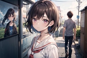 vibrant colors, female, masterpiece, sharp focus, best quality, depth of field, cinematic lighting,(1 man and 1 girl), (illustration, 8k CG, extremely detailed), masterpiece, ultra-detailed, 1 girl, short view, medium hair, brown hair, pink eyes, Animated Film 'Your Name' poster at high school, 1 man in long view