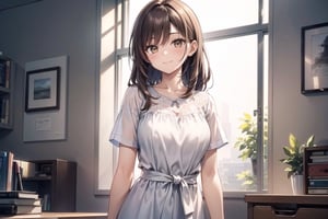 vibrant colors, masterpiece, sharp focus, best quality, depth of field, cinematic lighting, (illustration, 8k CG, extremely detailed), masterpiece, ultra-detailed, (solo), 1 girl around 50 years old, mature lady, tall, long brown hair, brown eyes, long dress , light smile, standing ,office