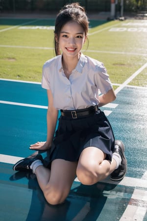 //Photo of,
1girl, solo, cute, pretty 
//Camera style,
centered shot, from front, face and waist,  look at camera,
long ponytails hair , blue bow,
//Body,
symmetrical body, (small breasts:1.6), flat chest, (perfect anatomy:1.2),
//Fashion,
white shirt collar ( pleated 4 buttons ), (black short pleated skirt:1.2), belt, black girl student shoes ,
// Basketball court backgrouds , sunshine
//Best Quality,
High quality, masterpiece, realistic, photorealistic, ultra high res, highly detailed skin, 
smile