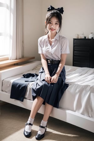 //Photo of,
1girl , solo, cute, pretty 
//Camera style,
centered shot, from front, face and waist,  look at camera,
long ponytails hair, blue bow, full body
//Body,
symmetrical body, (small breasts:1.6), flat chest, (perfect anatomy:1.2),
//Fashion,
white shirt collar ( pleated 4 buttons ), (black short pleated skirt:1.2), belt, black girl student shoes,
// room backgrouds , sunshine
//Best Quality,
High quality, masterpiece, realistic, photorealistic, ultra high res, highly detailed skin, smile, sleep on bed, realhands