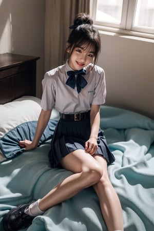 //Photo of,
1girl , solo, cute, pretty 
//Camera style,
centered shot, from front, face and waist,  look at camera,
long ponytails hair , blue bow, full body
//Body,
symmetrical body, (small breasts:1.6), flat chest, (perfect anatomy:1.2),
//Fashion,
white shirt collar ( pleated 4 buttons ), (black short pleated skirt:1.2), belt, black girl student shoes, butterfly tie,
// room backgrouds , sunshine
//Best Quality,
High quality, masterpiece, realistic, photorealistic, ultra high res, highly detailed skin, smile, lying on the pillow, better_hands