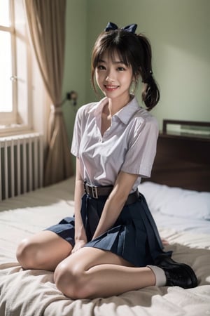 //Photo of,
1girl , solo, cute, pretty 
//Camera style,
centered shot, from front, face and waist,  look at camera,
long ponytails hair, blue bow, full body
//Body,
symmetrical body, (small breasts:1.6), flat chest, (perfect anatomy:1.2),
//Fashion,
white shirt collar ( pleated 4 buttons ), (black short pleated skirt:1.2), belt, black girl student shoes, blue bow,
// room backgrouds , sunshine
//Best Quality,
High quality, masterpiece, realistic, photorealistic, ultra high res, highly detailed skin, smile, sleep on bed, realhands