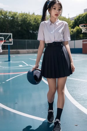 //Photo of,
1girl, solo,cute,pretty 
//Camera style,
centered shot, from front, face and waist,  look at camera, Holding basketball,
long ponytails hair , blue bow,
//Body,
symmetrical body, (small breasts:1.6), flat chest, (perfect anatomy:1.2),
//Fashion,
white shirt collar ( pleated 4 buttons ), (black short pleated skirt:1.2), belt, black girl student shoes ,
// Basketball court backgrouds , sunshine
//Best Quality,
High quality, masterpiece, realistic, photorealistic, ultra high res, highly detailed skin, 
