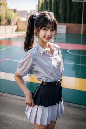 //Photo of,
1girl , solo, cute, pretty 
//Camera style,
centered shot, from front, face and waist,  look at camera,
long ponytails hair , blue bow,
//Body,
symmetrical body, (small breasts:1.6), flat chest, (perfect anatomy:1.2),
//Fashion,
white shirt collar ( pleated 4 buttons ), (black short pleated skirt:1.2), belt, black girl student shoes ,
// Basketball court backgrouds , sunshine
//Best Quality,
High quality, masterpiece, realistic, photorealistic, ultra high res, highly detailed skin, 
smile, at the street