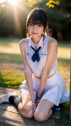a perfect half-body portrait photo of a Top model Japanese schoolgirl, (age 12-15:1.7), gorgeous face, smooth soft skin, perfect detail , looking at viewer, make up, flat chest, petite girl, short girl, (fashion model posing:1.2), (dropped summer school uniform:1.3), (nude, naked, completely naked:1), bright background, (outdoors, in a park:1.2), (uncovered private parts, pussy, vargina:0.7), natural sunlight, diffused sunlight,
soft studio lighting, depth of field, intricate shadows, bokeh, (slender girl, skinny body:1.2), small hip, slim thighs, highly detailed face, (looking into camera), kneeling, (folding legs:1.2), (from side:0.7), (nsfw, jailbait, loli, lolita:1.2)
