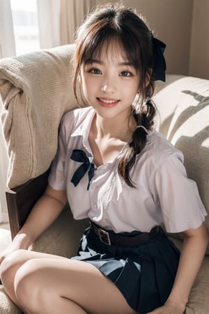 //Photo of,
1girl , solo, cute, pretty 
//Camera style,
centered shot, from front, face and waist,  look at camera,
long ponytails hair, blue bow, full body
//Body,
symmetrical body, (small breasts:1.6), flat chest, (perfect anatomy:1.2),
//Fashion,
white shirt collar ( pleated 4 buttons ), (black short pleated skirt:1.2), belt, black girl student shoes,
// room backgrouds , sunshine
//Best Quality,
High quality, masterpiece, realistic, photorealistic, ultra high res, highly detailed skin, smile, lying on the pillow, realhands