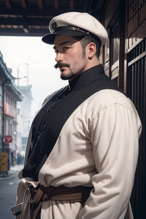 ((((1 big man, An strong impression 40-Year-Old Korean male independence activist at 1920s)))), (Black Hair, short hair, mustache, 1920s flat cap), (Dressed in 1920s style brown thick and long coat, man's black neck polo sweater), (Foggy Seoul Streets at 1920s), (Dynamic Pose:1.4), Centered, (Waist-up Shot:1.4), From Front Shot, Insane Details, Intricate Face Detail, Intricate Hand Details, Cinematic Shot and Lighting, Realistic and Vibrant Colors, Masterpiece, Sharp Focus, Ultra Detailed, Incredibly Realistic Environment and Scene, 