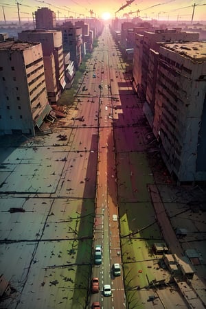 (((bird eye view, ruined downtown, post-apocalyptic setting, zombies, Highway, a vast, empty stretch of road lined with abandoned vehicles and overgrown grass, crucial refuge from the surrounding dangers))), (masterpiece, best quality, 4k),