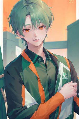 (((solo, looking at viewer))),(masterpiece, best quality), (((1boy, 20yo, handsome face, green color hair, green shot hair, stick out hair))),  (((black color gym suit, orange color stripes))), big smile, blue sky, park background,kpop,boy