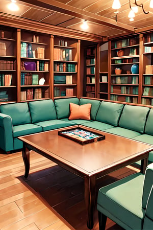 Common Lounge background, A cozy area with comfortable seating, a large table for group activities, and a shelf filled with books and board games, Sofas, armchairs, a large coffee table, bookshelves, board games, a small television, and decorative plants,