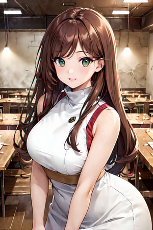 (((Communal Dining in bunker background, cleans the dining area, making it a more welcoming place for everyone))), 1girl, (Curvy figure, long brown hair, green eyes), (Enjoys vibrant and artistic fashion, often seen in colorful and expressive outfits), (((upper body, light smile))), Beautiful