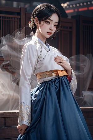 (An Elegant 28-Year-Old Korean Female at 1920s), (Black Hair, hair style of Korean Female at 1920s), (Inquisitive Sapphire Gaze:1.4), (Large breast, Dressed in Hanbok:1.4), (Foggy Seoul Streets at 1920s), (Dynamic Pose:1.4), Centered, (Waist-up Shot:1.4), From Front Shot, Insane Details, Intricate Face Detail, Intricate Hand Details, Cinematic Shot and Lighting, Realistic and Vibrant Colors, Masterpiece, Sharp Focus, Ultra Detailed, Incredibly Realistic Environment and Scene, Master Composition,