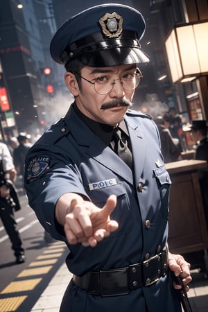 ((((1 old male, 40-Year-Old japan police man at 1920s, wearing glasses, short height, ugly face)))), (Black Hair, short haircut, mustache), (Dressed in 1920s man's black japna police uniform, 1920s man's black japan police cap, japan sword), (Foggy Seoul Streets at 1920s), (Dynamic Pose:1.4), Centered, (Waist-up Shot:1.4), From Front Shot, Insane Details, Intricate Face Detail, Intricate Hand Details, Cinematic Shot and Lighting, Realistic and Vibrant Colors, Masterpiece, Sharp Focus, Ultra Detailed, Incredibly Realistic Environment and Scene, 