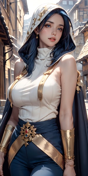 best quality, extremely detailed, HD, 8k, (((dark_blue hair:1.3))), ((dark blue eyes)), ((1 mature woman)), (busty), huge breasts, extremely detailed, cold face, lots of gold rings in fingers, forehead jewelry, gold jewelry, gold accessaries, gold bracelet, head chains, beautiful eyes, perfect body, (((fantasy setting, medieval village background, wearing medieval turtleneck sweater, medieval pants, hooded cloak coats, put on the hood))), beautiful eyes, perfect body, happy, big smile, realistic, parted lips, blush, makeup, glow, thighs, bare shoulders, collarbone, narrow waist, sunbeam, sunlight, rose, wind, (masterpiece),