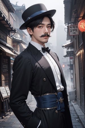 (An strong impression 30-Year-Old Korean male independence activist at 1920s), (Black Hair, short hair, mustache, 1920s Fedora), (Inquisitive Sapphire Gaze:1.4), (Dressed in 1920s style Black 
 thick and long coat, formal suit), (Foggy Seoul Streets at 1920s), (Dynamic Pose:1.4), Centered, (Waist-up Shot:1.4), From Front Shot, Insane Details, Intricate Face Detail, Intricate Hand Details, Cinematic Shot and Lighting, Realistic and Vibrant Colors, Masterpiece, Sharp Focus, Ultra Detailed, Incredibly Realistic Environment and Scene, 