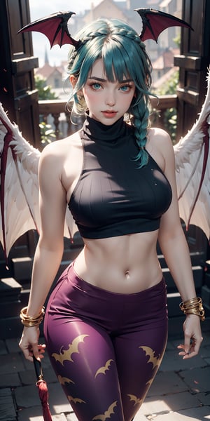 best quality, extremely detailed, HD, 8k, official art,extremely detailed CG unity 8k wallpaper, perfect lighting,Colorful, facial portrait, sexy stare, cute face, smirked, (((15yo, short height, slim body, green_eyes,french braid hair, platinum blue color hair, breasts,bangs,head_wings,wings))),animal_print,bat_print,bat_wings,bare_shoulders,small_breasts,black_wings,bat print,purple_wings, gold bracelet,low_wings,bat,highleg,demon_wings,feather_trim,koakuma,thighs,collarbone,, morrigan_aensland_aiwaifu, demon_girl, (((fantasy setting, fantastic village background, wearing medieval turtleneck sweater, medieval pants))), pantyhose, purple_legwear, beautiful eyes, perfect body, realistic, parted lips, blush, makeup, glow, thighs, bare shoulders, collarbone, narrow waist, sunbeam, sunlight, rose, wind, (masterpiece),