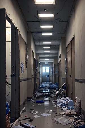 (((A once-busy medical facility, now quiet and eerie, The corridors are dark, with broken equipment and scattered medical supplies, The atmosphere is tense and somber, Medical Equipment, Broken or partially functional, Hospital Beds, Old and dusty, Medical Supplies, Bandages, medicines scattered around))), (masterpiece, best quality, 4k)