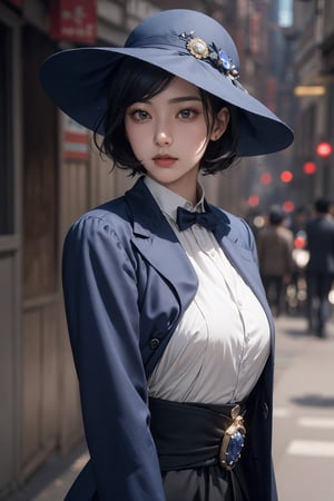 (An strong impression 30-Year-Old Korean male independence activist at 1920s), (Black Hair, short hair, mustache, 1920s style soft hat), (Inquisitive Sapphire Gaze:1.4), (Dressed in 1920s style dark navy thick and long coat, formal suit), (Foggy Seoul Streets at 1920s), (Dynamic Pose:1.4), Centered, (Waist-up Shot:1.4), From Front Shot, Insane Details, Intricate Face Detail, Intricate Hand Details, Cinematic Shot and Lighting, Realistic and Vibrant Colors, Masterpiece, Sharp Focus, Ultra Detailed, Incredibly Realistic Environment and Scene, 