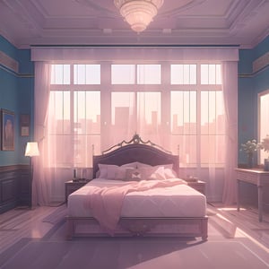 indoor, apartment antique bed room, window, pictures, lights, sky, balcony, bed, table, tv, (masterpiece),(high quality), best quality, real,(realistic), super detailed, (full detail),(4k),8k,