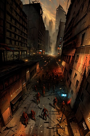 (((ruined downtown, post-apocalyptic setting, zombies, zombie, lots of zombies))), (masterpiece, best quality, 4k),